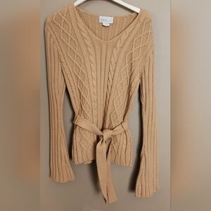 Tan Crew Neck Sweater with Ribbed Knit Design, Belted Waist